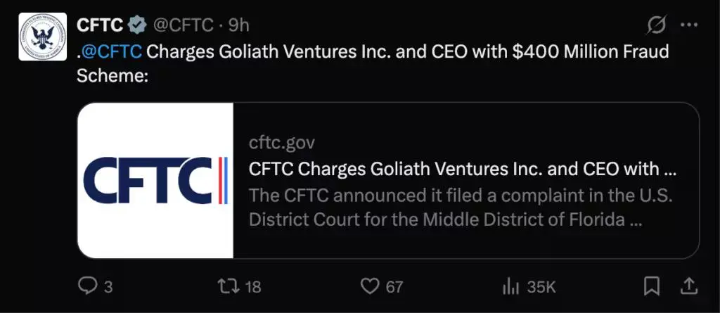 Goliath Ventures faces U.S. actions, source: CFTC/X