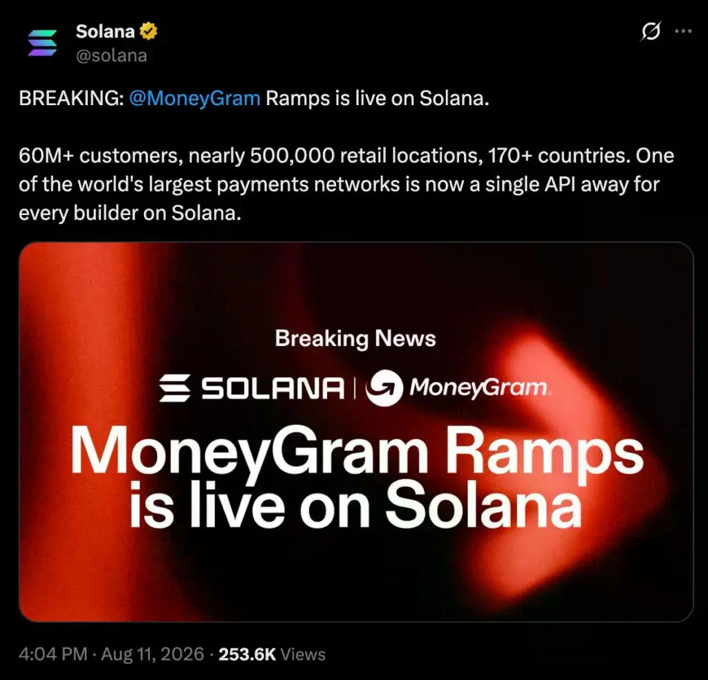 MoneyGram Ramps is live on Solana, source: Solana/X