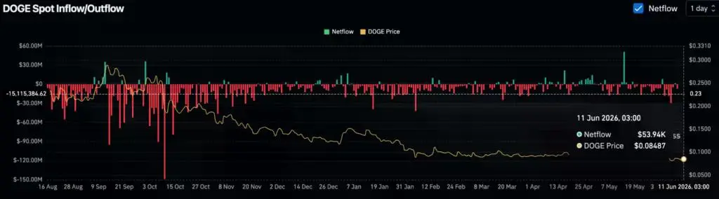 Dogecoin (DOGE) spot netflows, source: Coinglass
